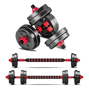 Set de mancuernas ajustables de 10 kg en color negro con detalles rojos, convertibles en barra con barra de extensión y pesas intercambiables para entrenamiento en casa.